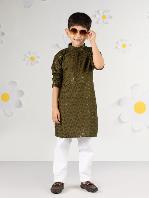 Boy's Mehendi Green Kurta Pyjama Set With Sequin Work